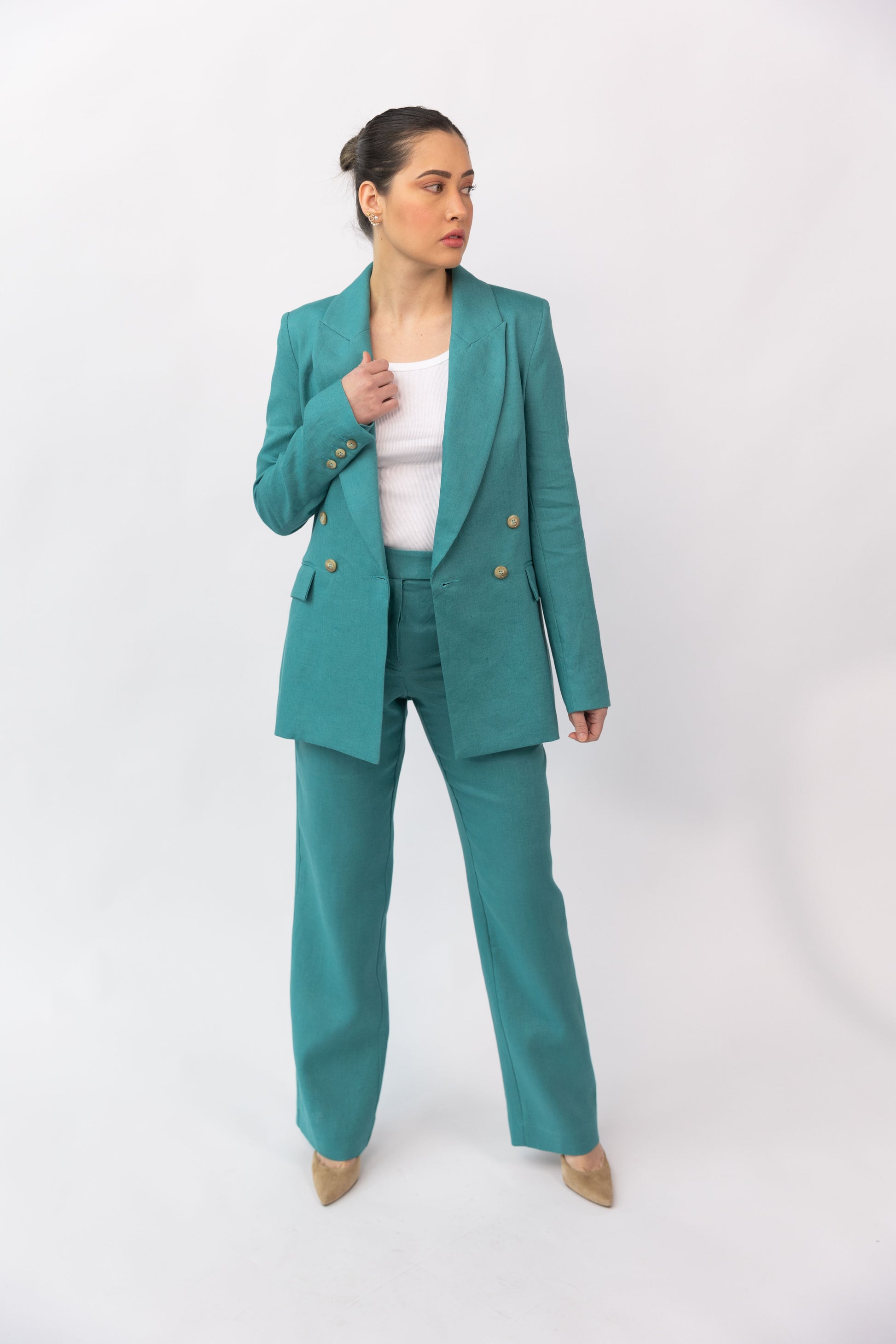 Teal Linen Double Breasted Jacket